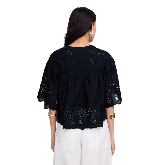 Madewell Black Embroidered Shirred Henley Top Size Small - Picture 3 of 11